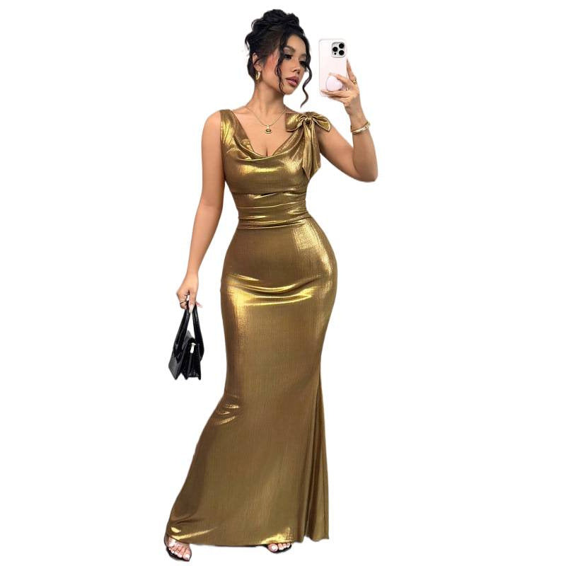 Damen elegantes Maxikleid mit schimmerndem Effekt und verführerischem Rückenausschnitt EB