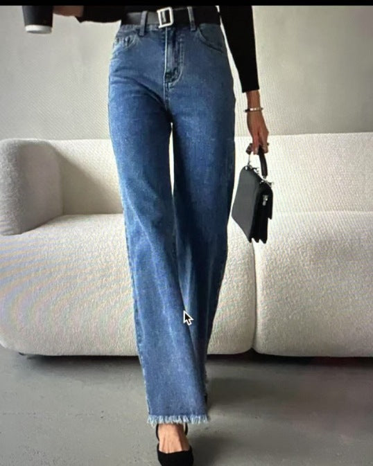 Damen Hochgeschnittene weite Jeanshose im Vintage-Style mit authentischem Used-Look EB