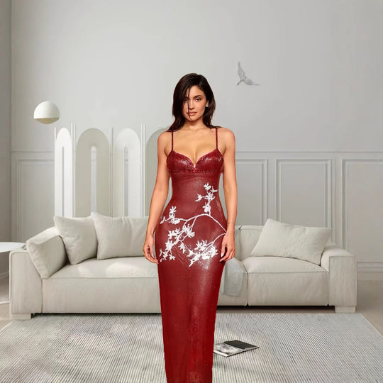 Damen elegantes V-Ausschnitt Abendkleid mit floralem Stickmuster und schmalem Schnitt EB