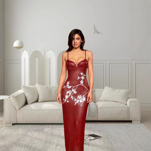 Damen elegantes V-Ausschnitt Abendkleid mit floralem Stickmuster und schmalem Schnitt EB