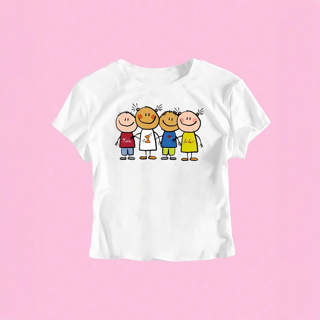 Damen Crop-T-Shirt mit kreativem Kinderzeichnungsmuster EB
