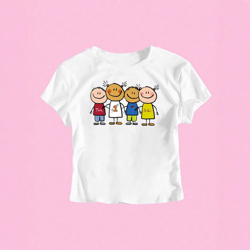 Damen Crop-T-Shirt mit kreativem Kinderzeichnungsmuster EB
