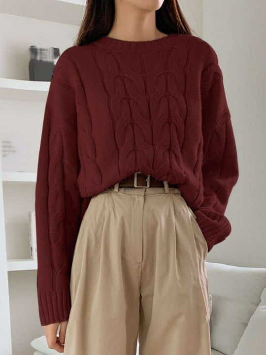Damen Gemusterter Strickpullover mit voluminösen Ärmeln und Rundhalsausschnitt EB