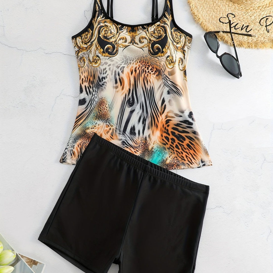 Damen Sportliches Tankini-Set mit modischem Animal-Print und Boxershorts EB