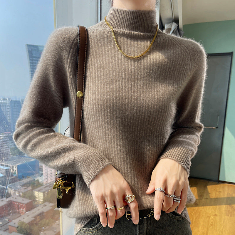 Damen Strickpullover mit hohem Kragen und feiner Rippstruktur EB
