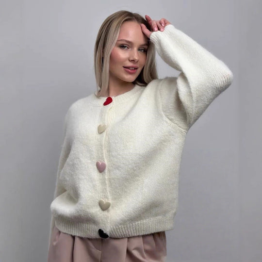 Damen lockerer Strickpullover mit herzförmigen Knöpfen und weitem Schnitt EB