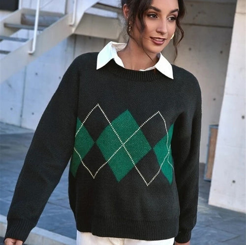 Damen Grobstrickpullover mit modernem Karomuster und lässigem Oversized-Schnitt EB