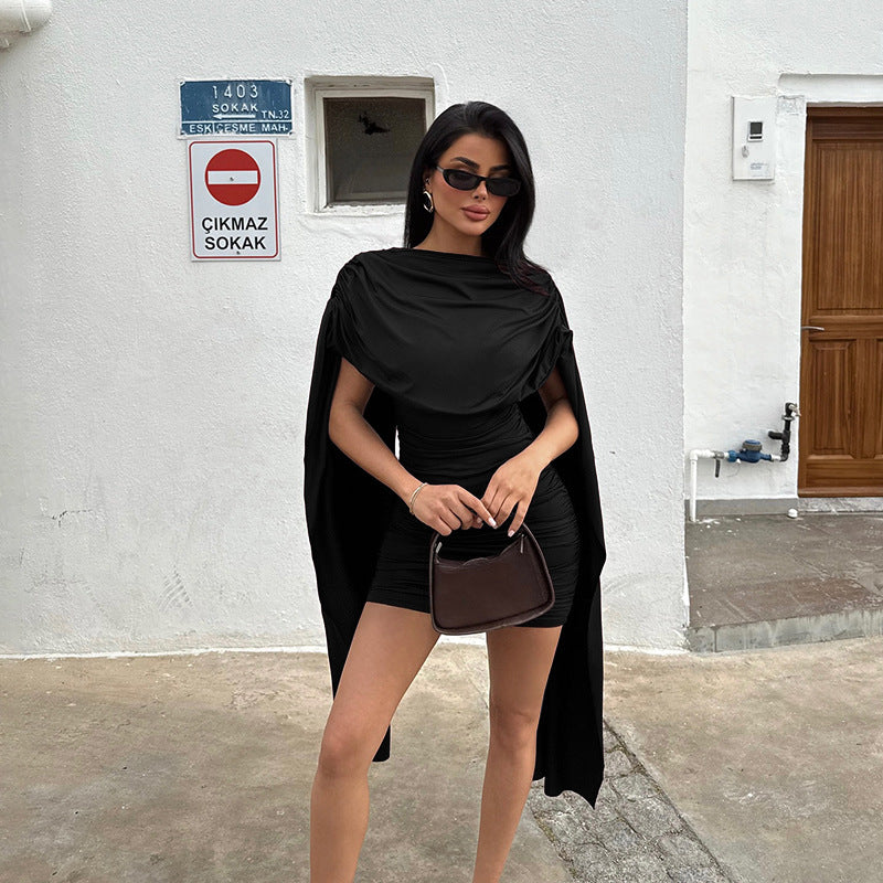 Damen modisches Minikleid mit schickem Überwurf und dezenter Raffung EB