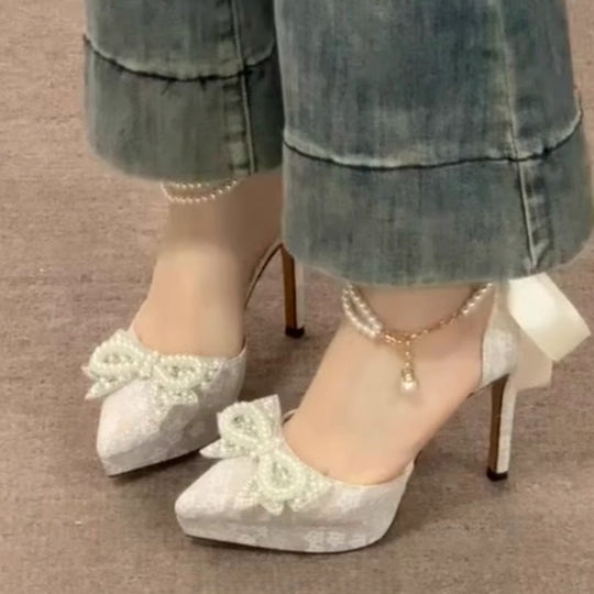 Damen elegante High Heel Sandalen mit zierlicher Schleifenverzierung EB
