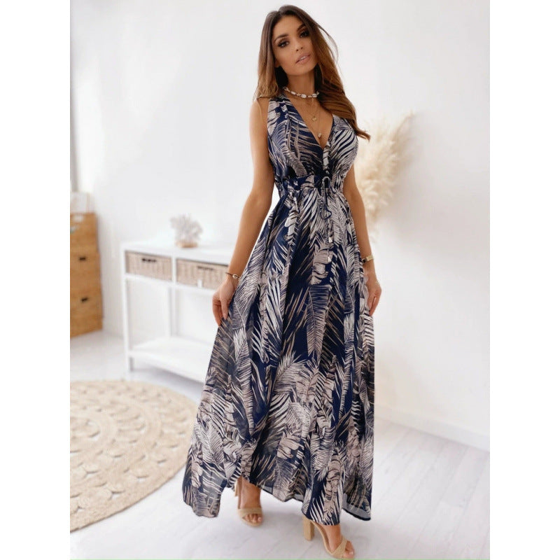 Damen Maxikleid mit floralen Mustern und tailliertem Oberteil EB