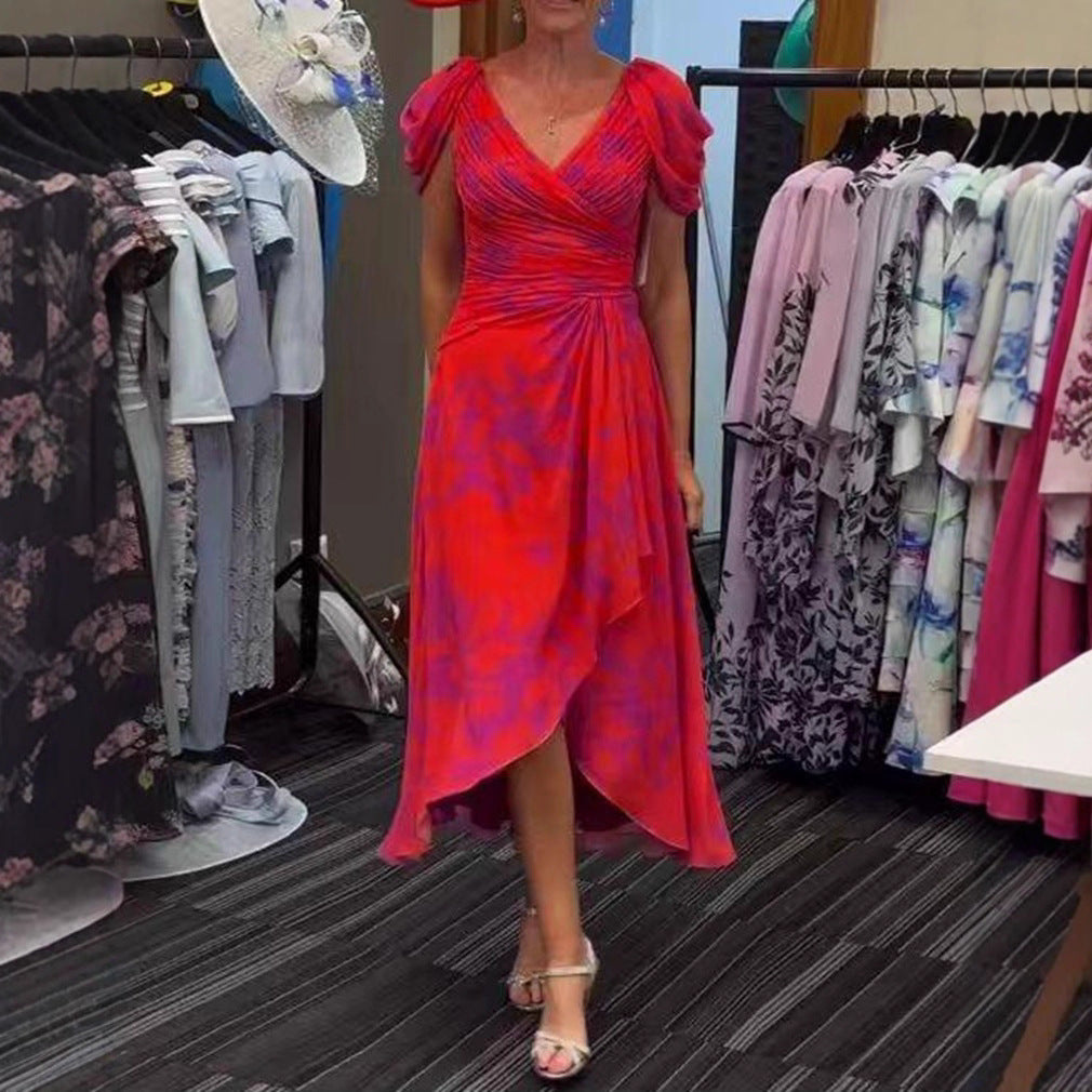 Damen nan festliches Chiffon-Midikleid mit gekreuztem V-Ausschnitt, taillenraffung und asymmetrischem Tulpenrock EB