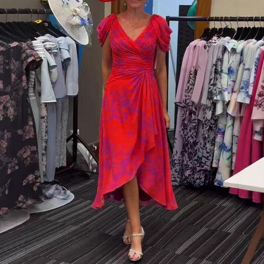 Damen nan festliches Chiffon-Midikleid mit gekreuztem V-Ausschnitt, taillenraffung und asymmetrischem Tulpenrock EB