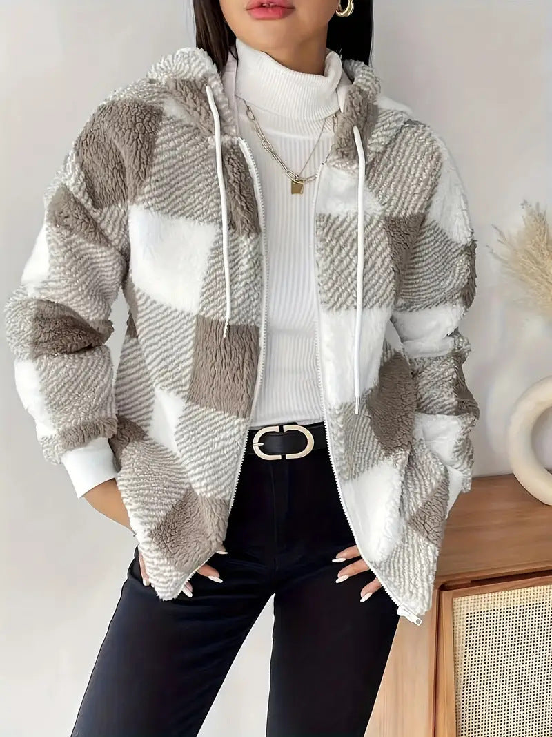 Damen Kuschelige Kapuzenjacke im Karodesign EB