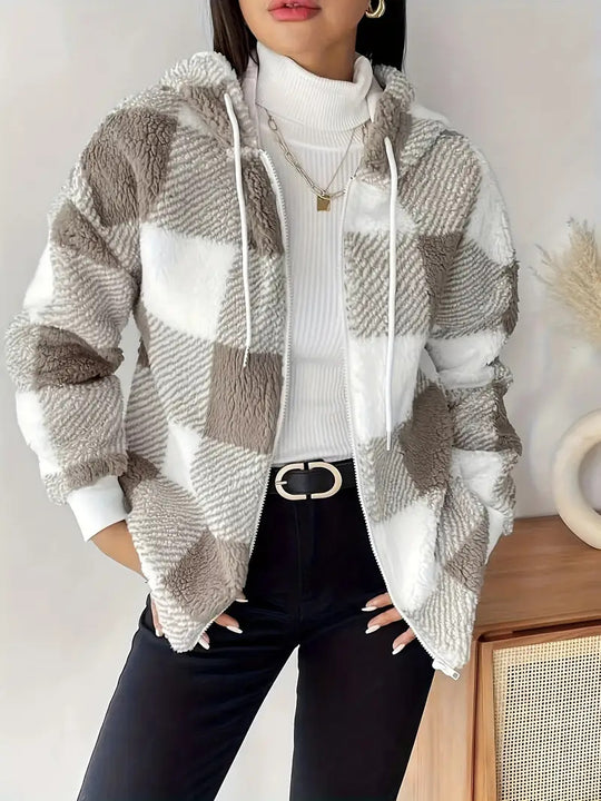 Damen Kuschelige Kapuzenjacke im Karodesign EB
