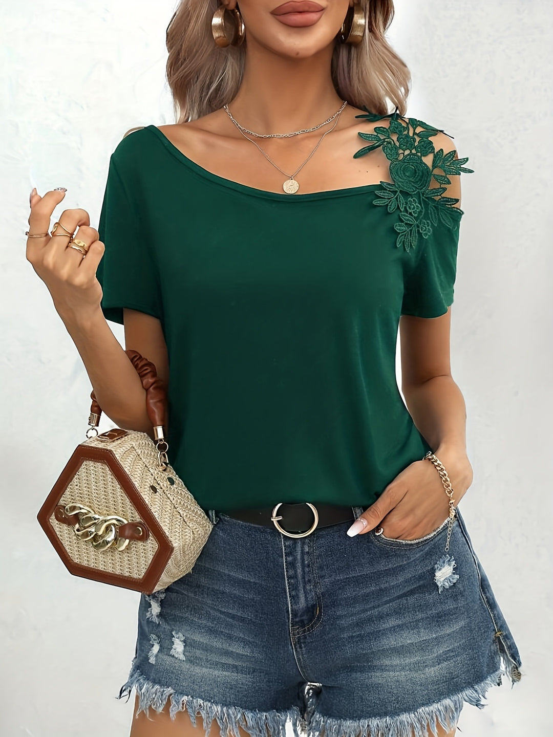 Damen elegantes T-Shirt mit Blumenstickerei Heidi-Mode