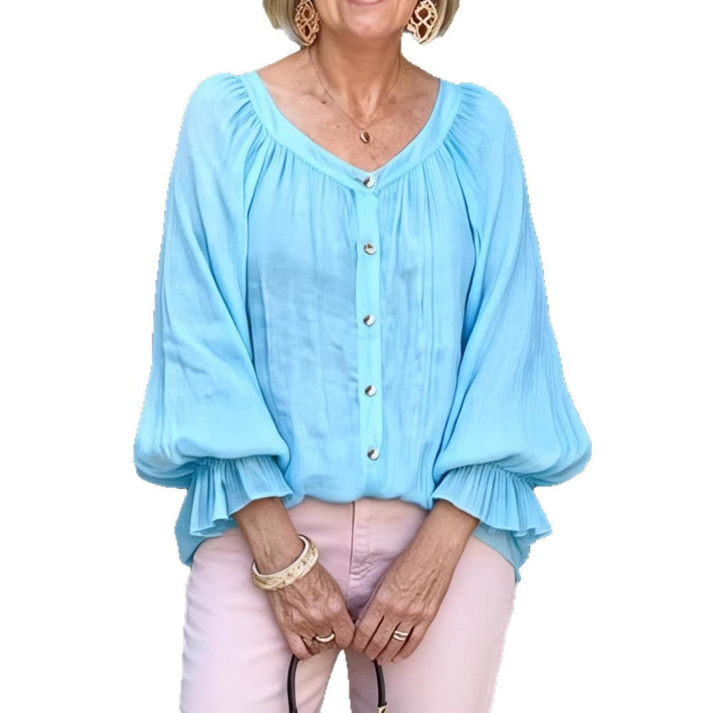 Damen Elegantes Blusenshirt mit Rüschenärmeln und Knopfleiste EB