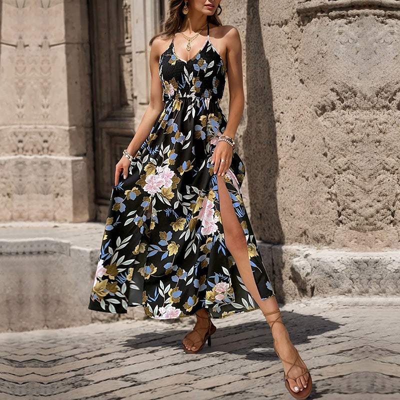 Damen Maxikleid mit floralem Design und hohem Beinschlitz EB
