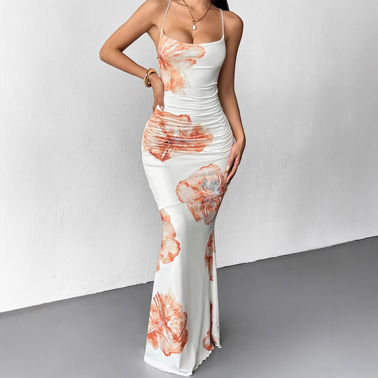 Damen Maxikleid mit zarten floralen Akzenten und schimmerndem Stoff EB