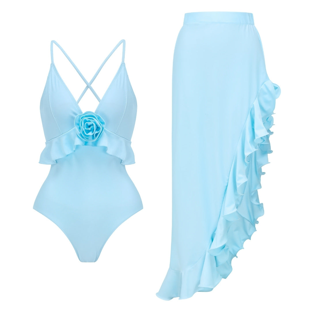 Damen Badeanzug mit voluminösen Rüschen und elegantem Maxirock EB