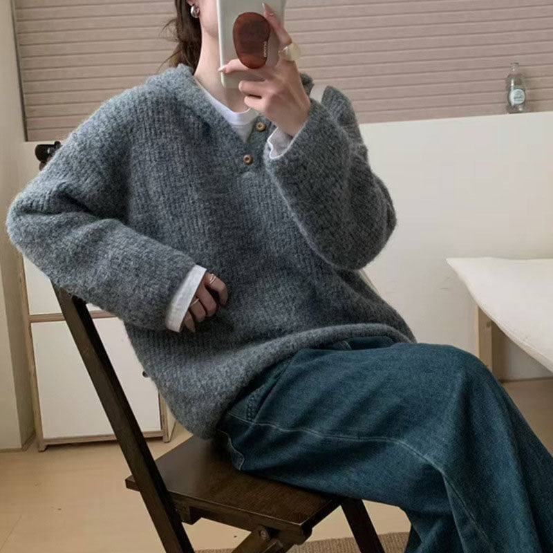 Damen bequemer Strickpullover mit Knopfleiste und Kapuze EB