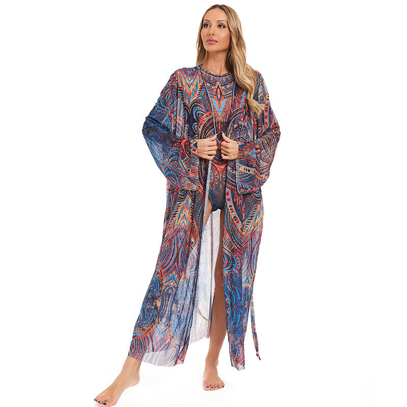 Damen eleganter transparenter Strandkimono mit floralem Design EB
