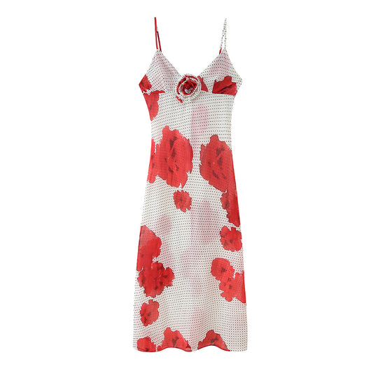 Damen Spaghettiträger Kleid mit floralem Print und Rüschen-Details EB