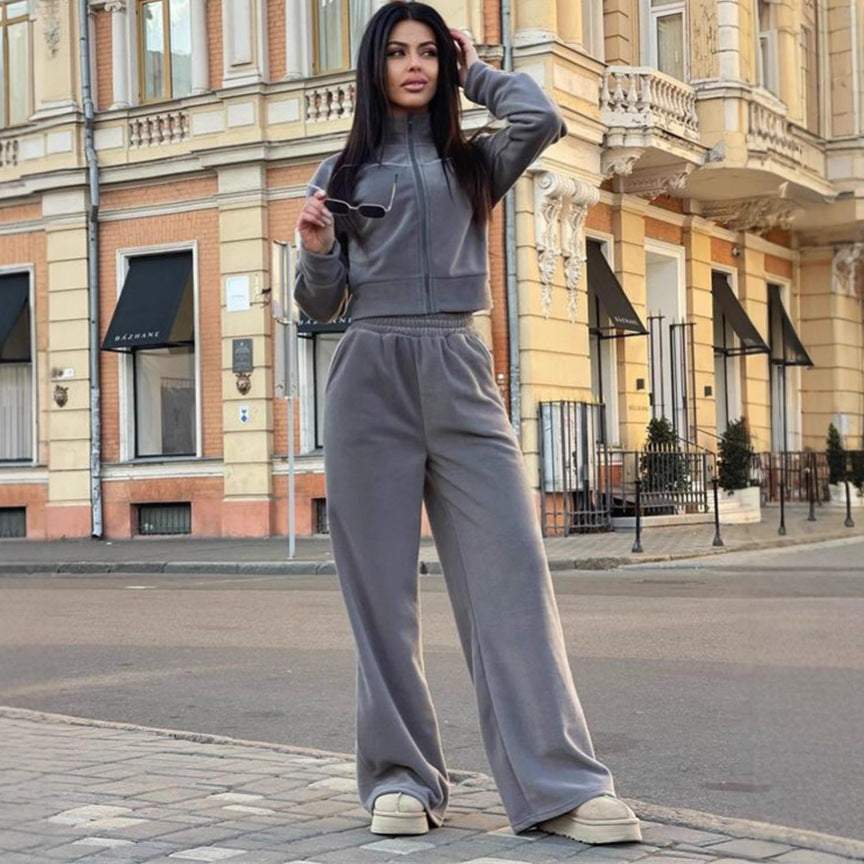 Damen Kurzgeschnittenes Zip-Oberteil mit lockerfallender High-Waist-Loungehose EB