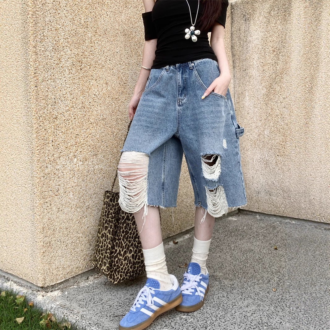 Damen Trendige Denim-Culottes im Destroyed-Look mit hohem Bund EB