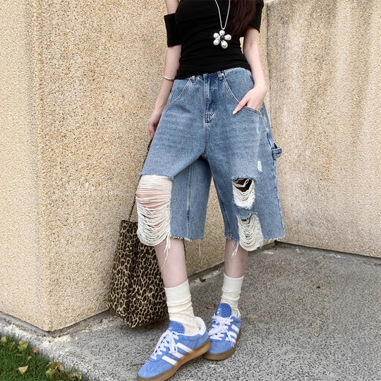 Damen Trendige Denim-Culottes im Destroyed-Look mit hohem Bund EB