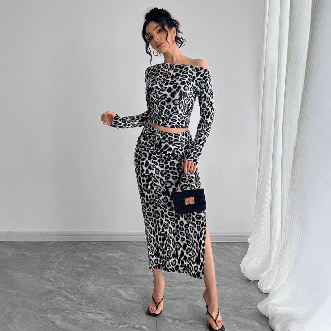 Damen Figurbetontes 2-teilige Set mit leopard Print und asymmetrischem Ausschnitt EB