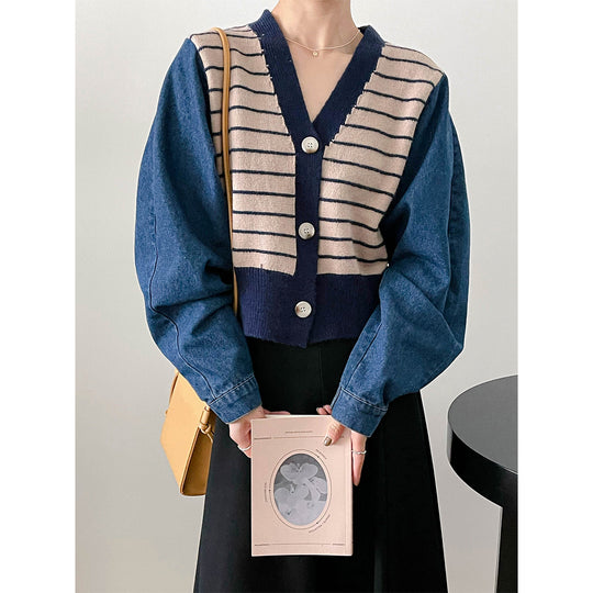 Damen modische Strickjacke mit modernen Streifen-Design und Raglanärmeln EB