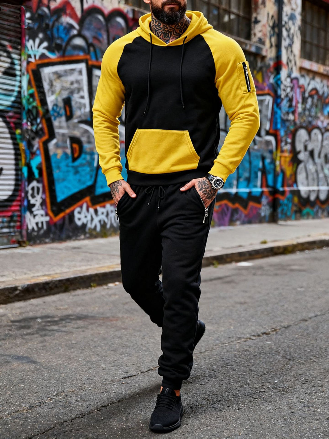 Herren nan zweiteiliges Kapuzen-Sweatset mit Raglanärmeln, Ärmel-Zip-Tasche und tapered Jogginghose EB