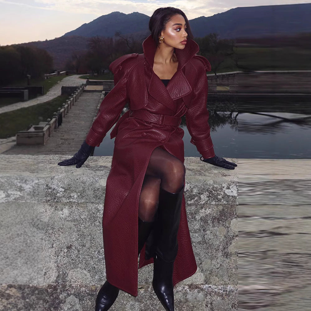 Damen Kunstleder Trenchcoat mit Oberteil und Taillengürtel EB