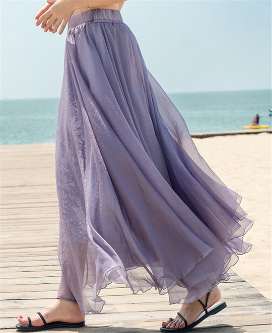 Damen nan fließender Maxirock aus Chiffon mit elastischem Bund und mehrlagigem Volant EB
