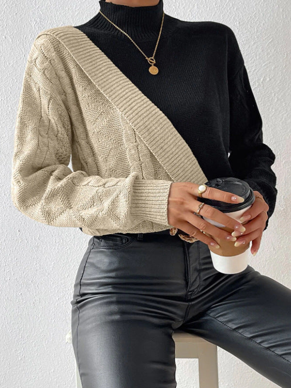 Damen modischer Strickpullover mit asymmetrischem Zopfdesign und hohen Kragen EB