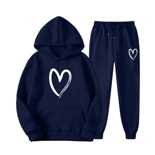 Damen Sweatsuit mit Kängurutasche und herzförmigem Print EB