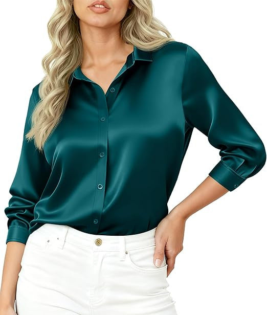 Damen Seidiges Satin-Blusenshirt mit Hemdkragen und dreiviertel Ärmeln EB