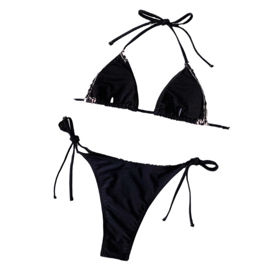 Damen Triangel-Bikini mit elegantem Tiermuster und verstellbaren Bindebändern EB
