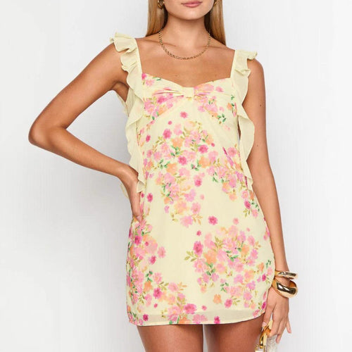 Damen nan kurzes Sommer-Minikleid mit Rüschen-Trägern, gerafftem Bustier und figurbetonter Silhouette EB