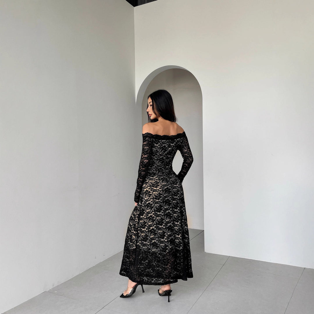Damen nan schulterfreies Spitzenmidikleid mit feiner floraler Spitze, gefütterter Innenlage und tailliertem Schnitt EB