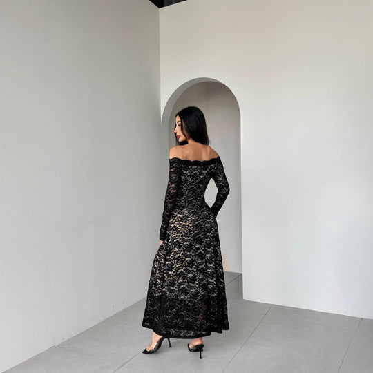 Damen nan schulterfreies Spitzenmidikleid mit feiner floraler Spitze, gefütterter Innenlage und tailliertem Schnitt EB