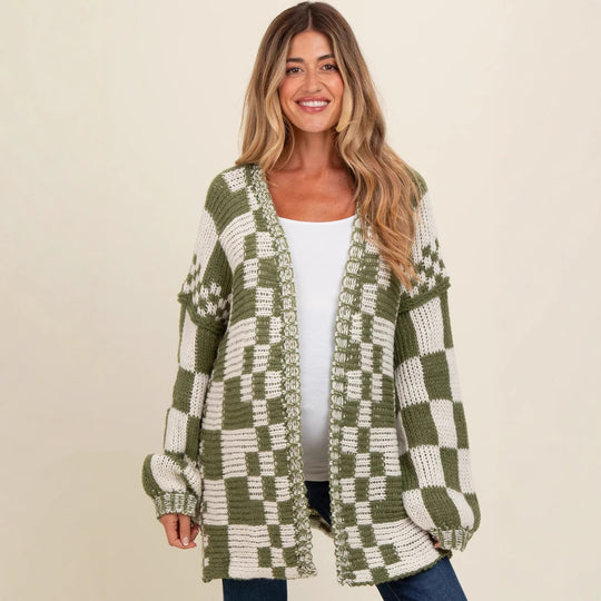 Damen lässiger Strickcardigan mit Karomuster und oversized Schnitt EB