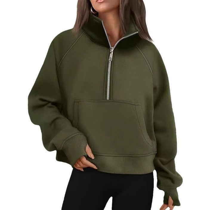 Damen nan oversized Sweatshirt mit halbem Reißverschluss Kängurutasche und Daumenlöchern EB
