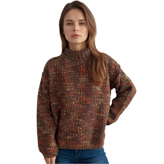 Damen gemütlicher Rollkragenpullover mit modernem Lochstrickdesign EB