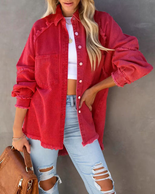 Damen nan oversized Hemdjacke im Used‑Look mit ausgefransten Kanten und aufgesetzten Pattentaschen EB