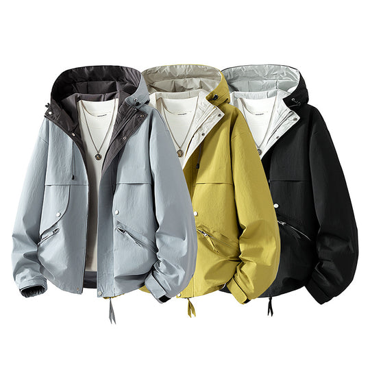 Unisex leichte windabweisende Übergangsjacke mit verstellbarer Kapuze, Kordelzug und Reißverschlusstaschen EB