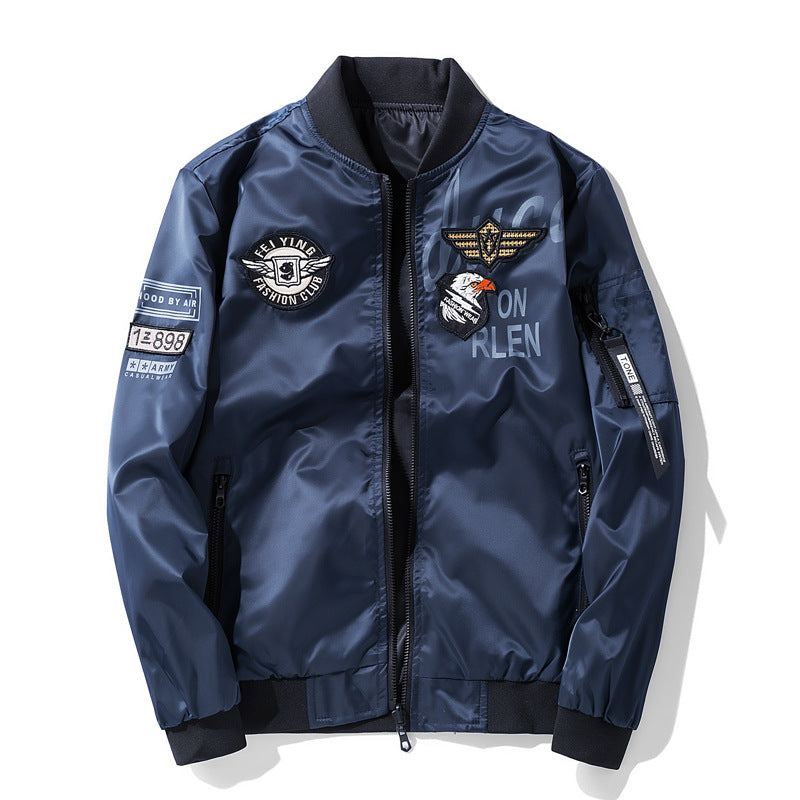 Men's  satin aviator patch bomber jacket with embroidered badges zip sleeve pocket and ribbed trims EB