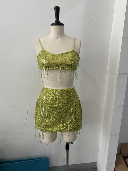 Damen Glitzerndes Crop-Top und Minirock-Set mit Fransen EB