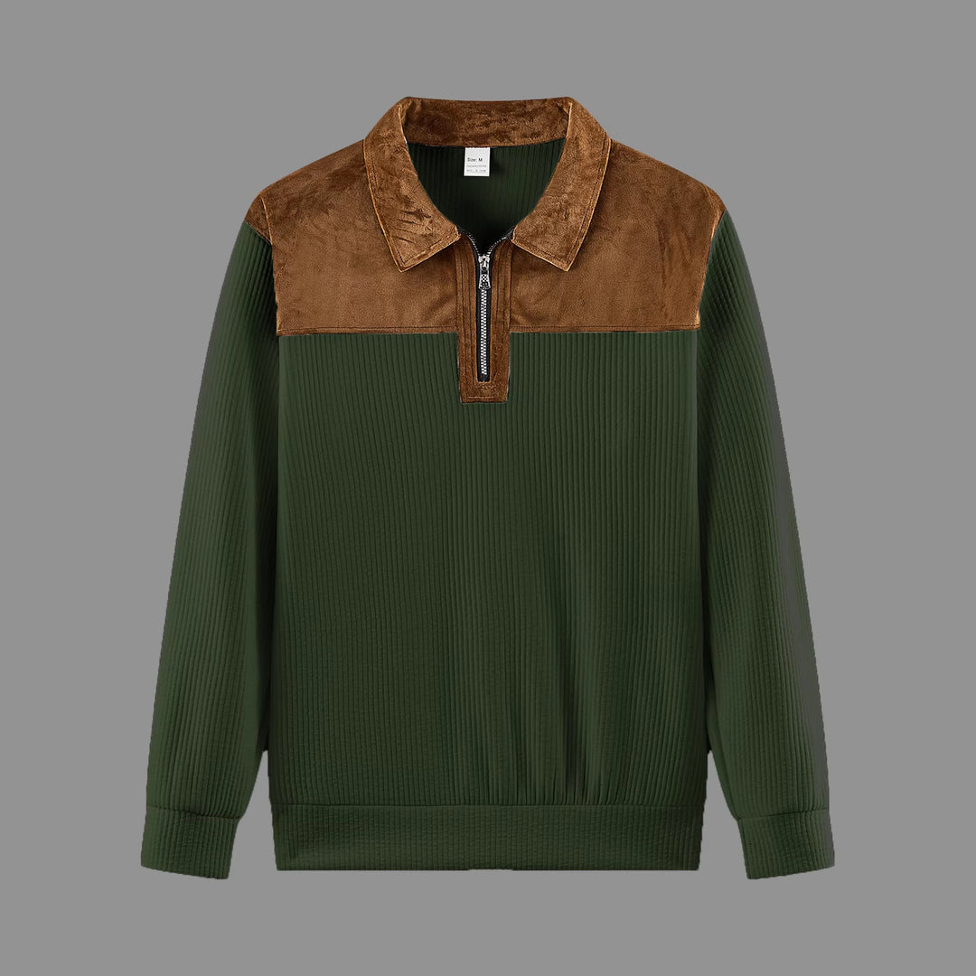 Unisex nan feinstrukturierter Strickpullover mit halbem Reißverschlusskragen und Samtbesatz EB