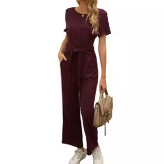Damen Jumpsuit mit Bindegürtel und weitem Bein EB